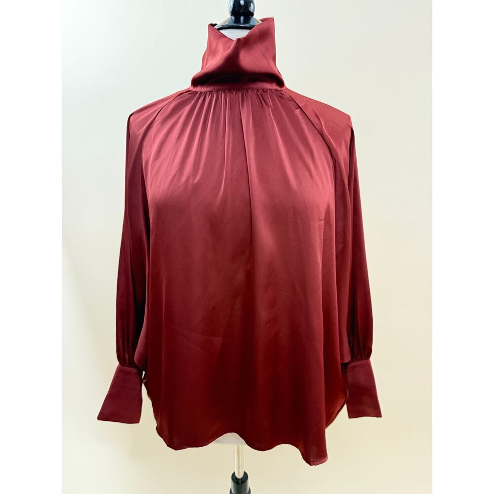 Why Dress Brick Satin High Neck Blouse with Dolman Sleeves, Size L